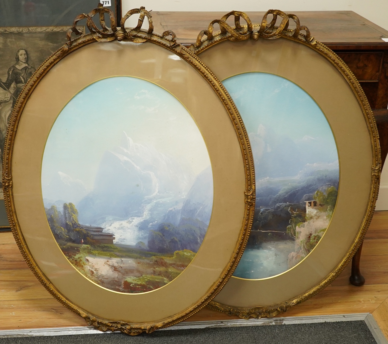 C. Schreiber, pair of oval gouaches, Continental mountainous landscapes, signed, gilt framed. Condition - fair